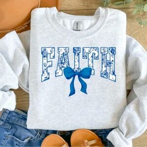 Gildan Gray Crew Neck Sweater with Blue Faith Print